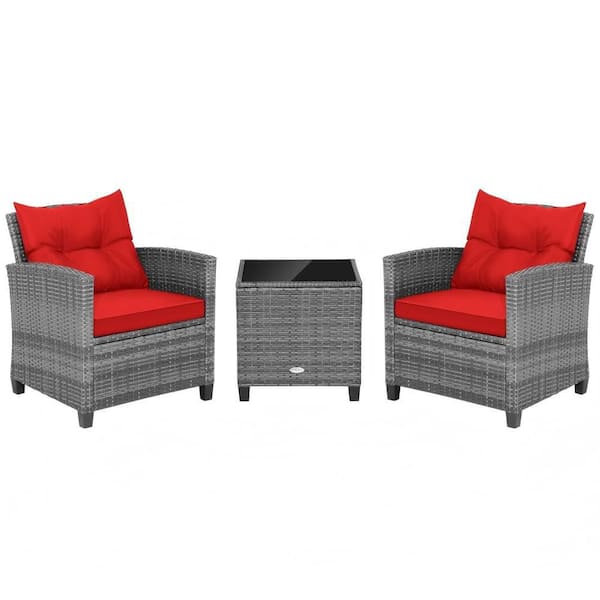 Clihome 3-Piece Wicker Patio Conversation Set with Red Cushions and Tempered Glass Tabletop