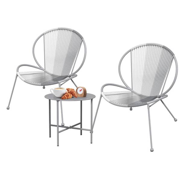 Sudzendf Cool Gray 3-Piece Metal Outdoor Bistro Acapulco Chair Set with PE Wicker Rope, Coffee Table and 2-Patio Chairs