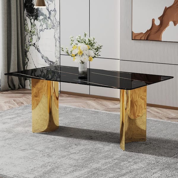 Polibi Black/Gold Imitation Marble Glass Sticker Top 71 in. Double Pedestal Dining Table Seats for 6