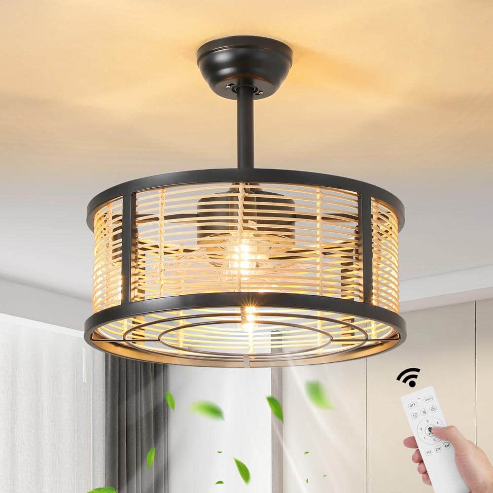 Fans With Roping KAISITE 19 in. Indoor Rattan Rope 4-Light Boho Black Caged Ceiling Fan ...