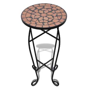 11.8 in. x 23.6 in. Round Metal Outdoor Side Table with Terracotta and Black Ceramic Tile Tabletop
