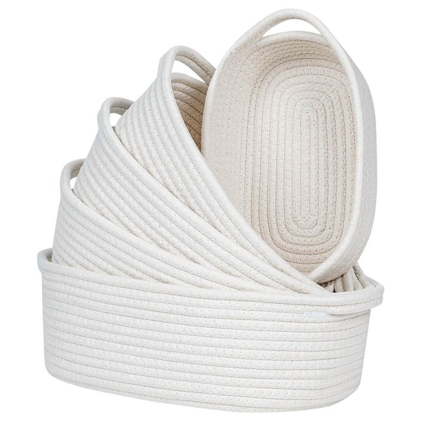 White 11.8 in. x 5.3 in. Cotton Woven Decorative Storage Decorative Basket Boho Style 5-Piece Set