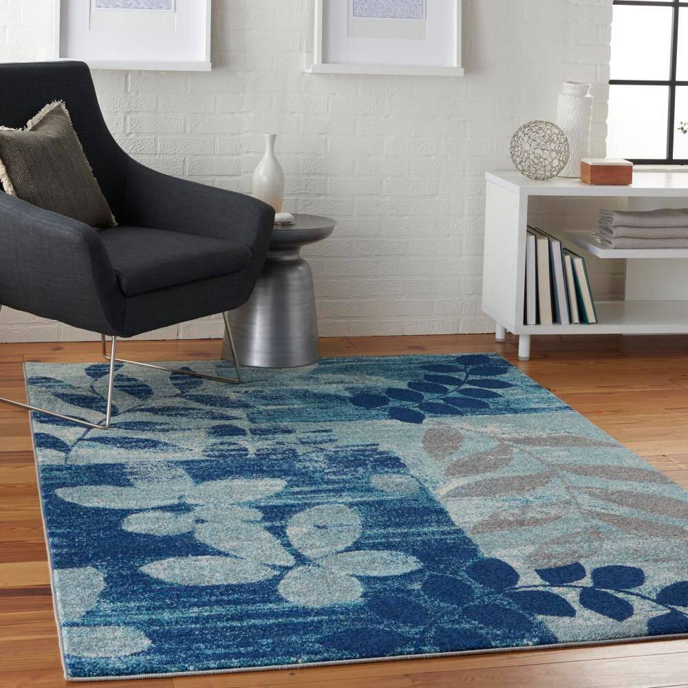 Navy and Light Blue Floral Synthetic 4' x 6' Area Rug