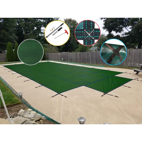 16 ft. x 32 ft. Rectangle Green Mesh In-Ground Safety Pool Cover with Center End Step