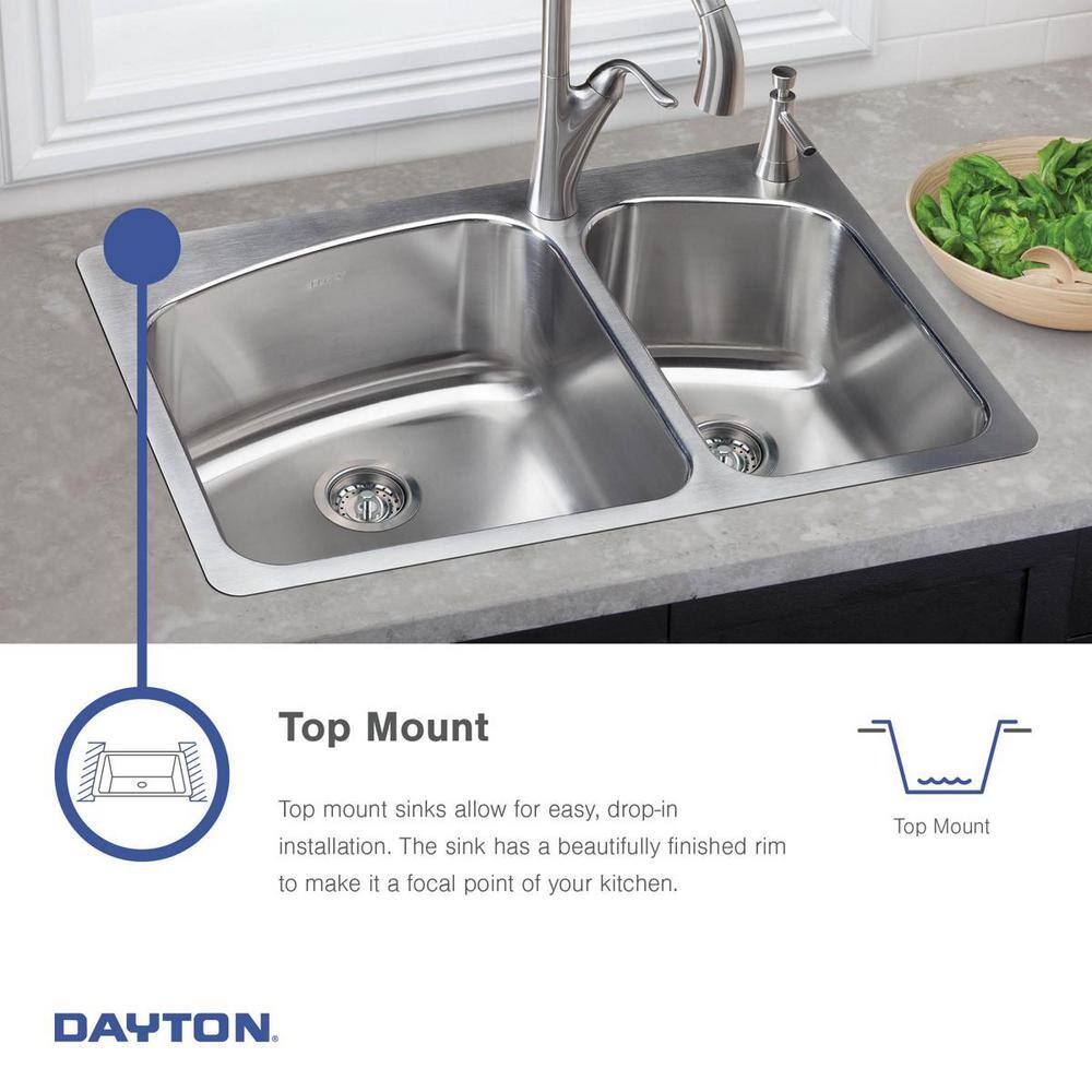 Dayton 33" Satin Nickel Double Bowl Drop-In Stainless Steel Sink