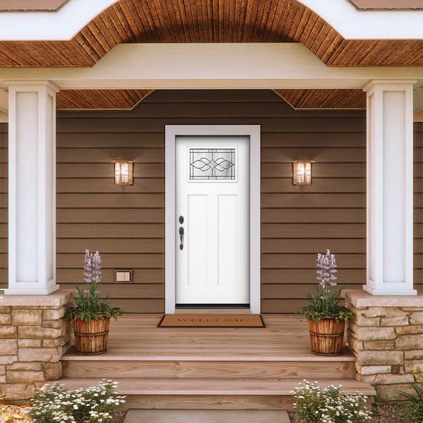 36 in. x 80 in. Right-Hand 1/4 Lite Craftsman Carillon Decorative Glass Modern White Fiberglass Prehung Front Door