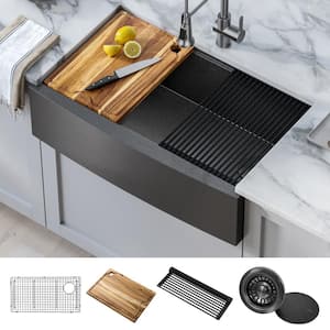 Kore 16-Gauge Black Stainless Steel 33 in. Single Bowl Round Farmhouse Apron Workstation Kitchen Sink with Accessories