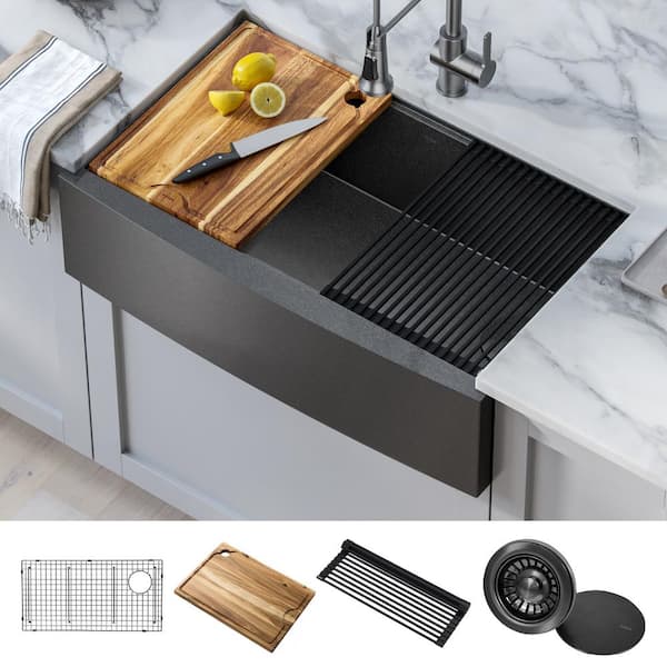 Kore 16-Gauge Black Stainless Steel 33 in. Single Bowl Round Farmhouse Apron Workstation Kitchen Sink with Accessories