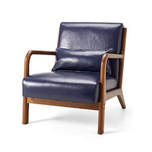 30.00 in. H Mid-Century Modern Navy-Blue Leatherette Accent Arm Chair with Walnut Ruber Wood Frame