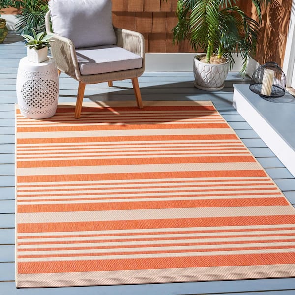 Courtyard Terracotta/Beige Doormat 3 ft. x 5 ft. Striped Indoor/Outdoor Patio Area Rug