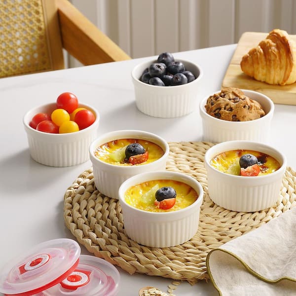ヨウレンキン LAIFUCAM 6-Piece White Ceramic Ramekins with Lids Oven Safe Non