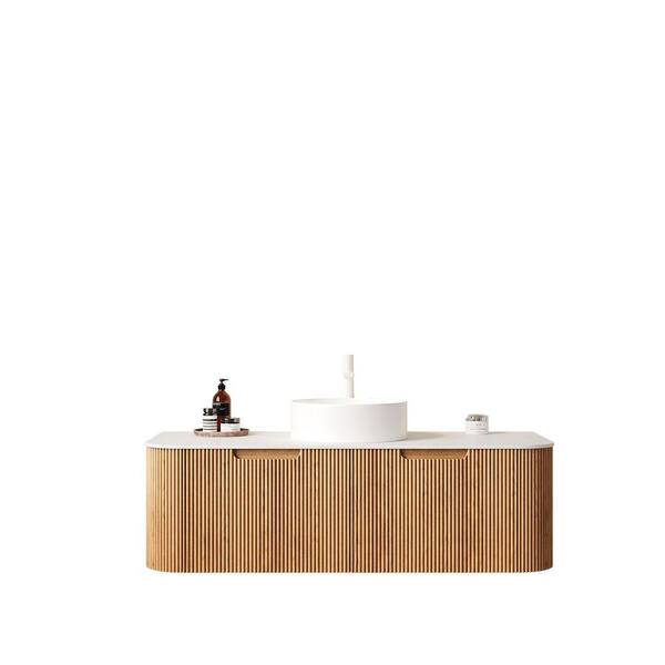 TCYO 48 in. Wall-Mounted Natural Wood Bath Vanity with White Solid ...