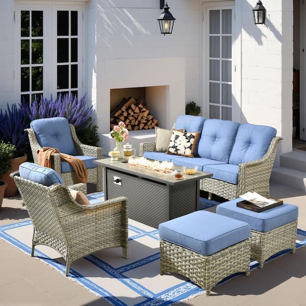 Tulip Q 6-Piece Wicker Patio 54" Fire Pit Conversation Set with Diamond Blue Cushions and Ottomans