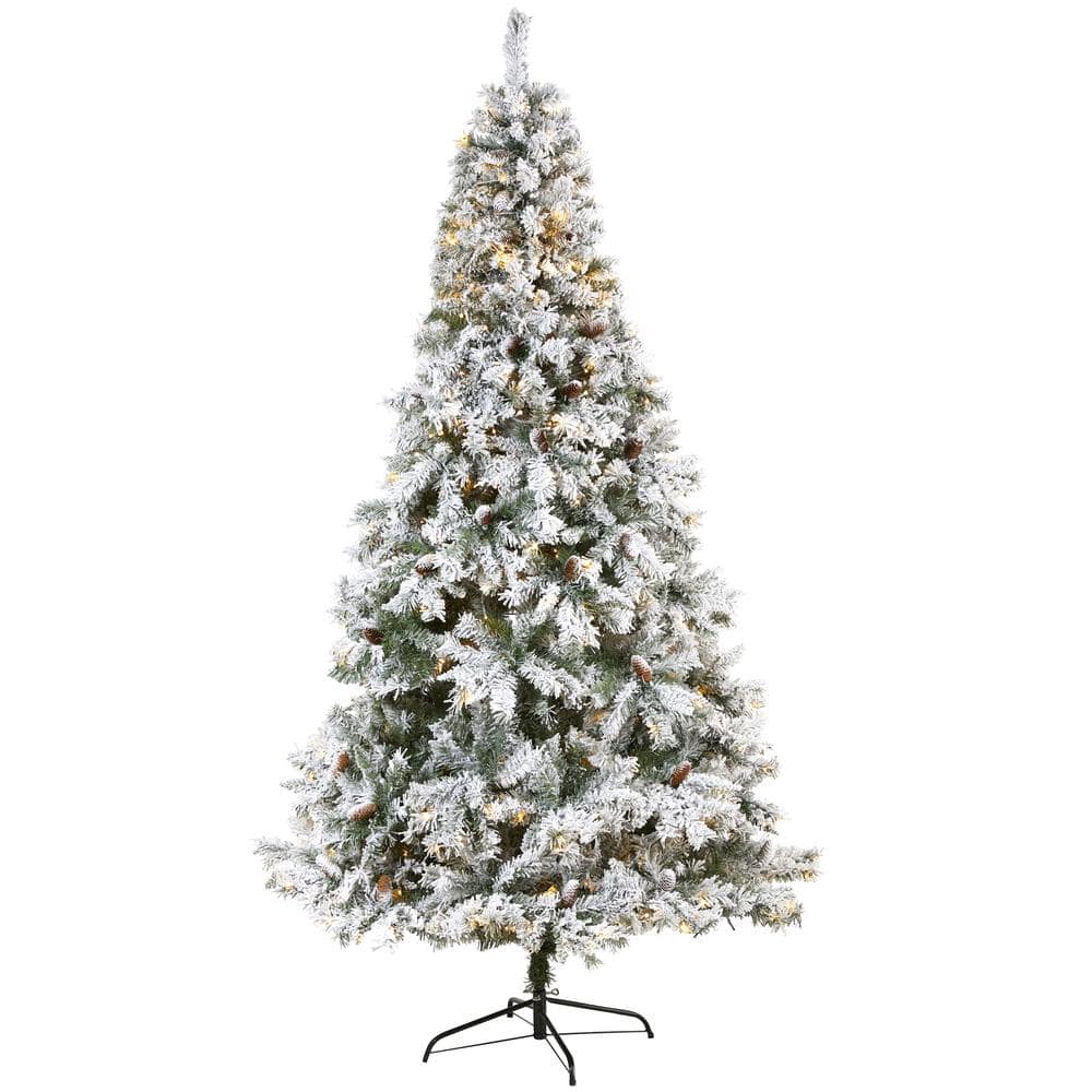 Nearly Natural 8 Ft White Pre Lit Flocked River Mountain Pine Artificial Christmas Tree With Pine Cones And 500 Clear Led Lights T1766 The Home Depot
