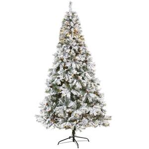 8 ft. White Pre-Lit Flocked River Mountain Pine Artificial Christmas Tree with Pine Cones and 500 Clear LED Lights