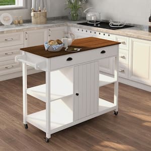 White Wood 39.57 in. Kitchen Island on Lockable Wheels with Towel Bar and Adjustable Shelves