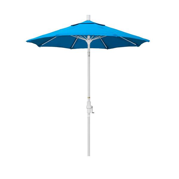 California Umbrella 7.5 ft. Matted White Aluminum Market Collar Tilt Patio Umbrella Fiberglass Ribs and in Canvas Cyan Sunbrella