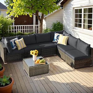 Gemini 7-Piece Wicker Outdoor Sectional Set with Black Cushions