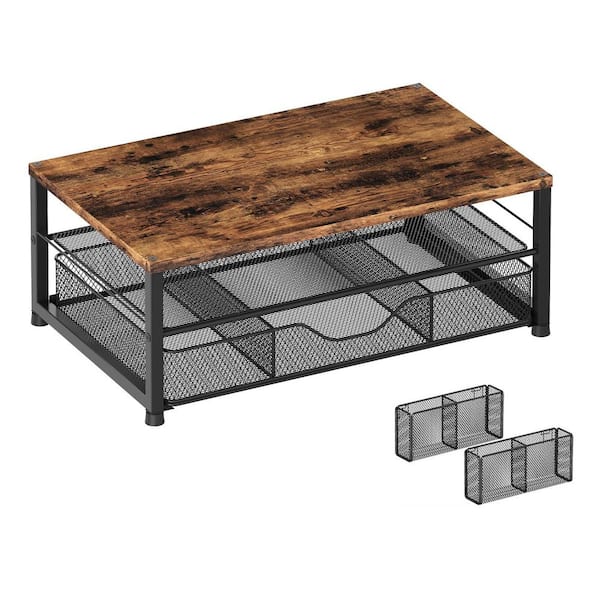 Vanity Organizer in Brown, Desk Organizer, 2-Tier Computer Monitor Stand Riser with Drawer and 2 Pen Holders