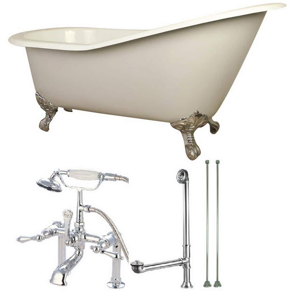 Slipper 62 in. Cast Iron Clawfoot Bathtub in White with Faucet Combo in Chr