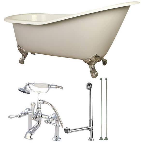 Aqua Eden Slipper 62 in. Cast Iron Clawfoot Bathtub in White with Faucet Combo in Chrome