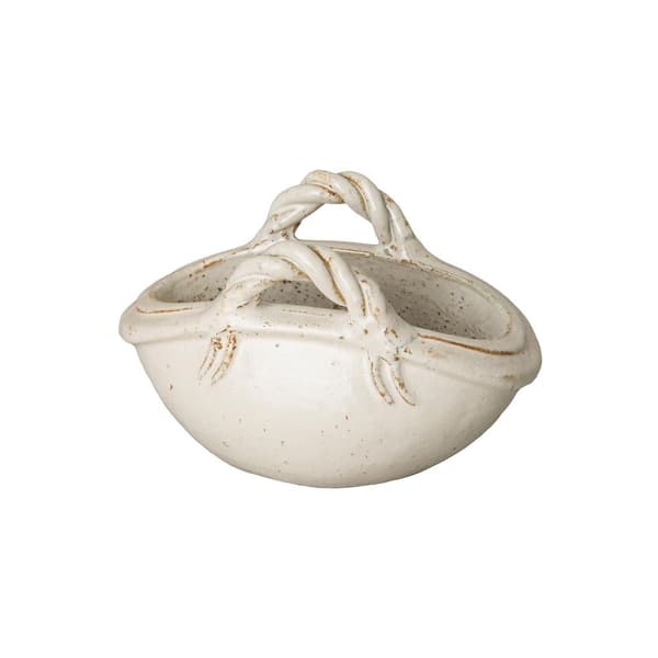 Emissary Two Handle Basket 14 in. L x 9 in. W x 8.5 in. H Distressed White Ceramic Oval Planter with Drainage Hole