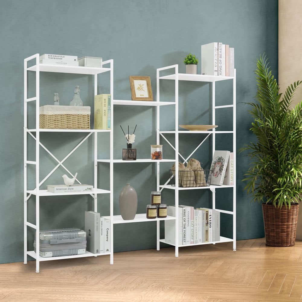 54.9 in. Tall White Metal 11-Shelf Triple Column 4 Tier Bookcase