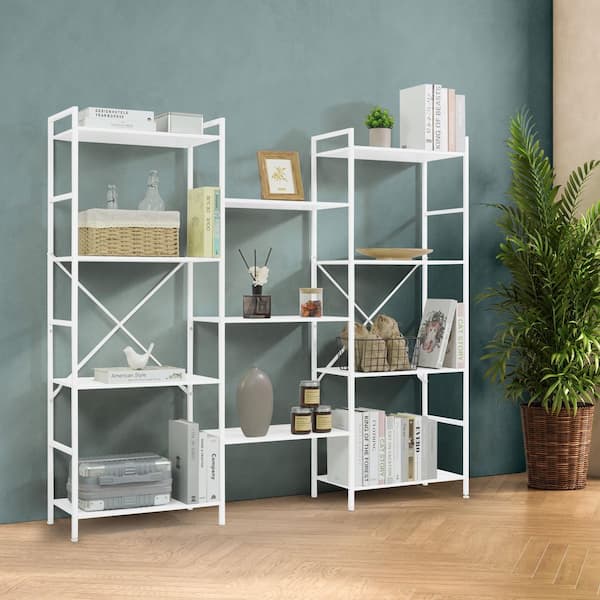 54.9 in. Tall White Metal 11-Shelf Triple Column 4 Tier Bookcase