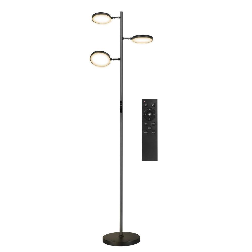 69 in. Classic Black 3-Light Dimmable Tree Floor Lamp with Touch Switches and Magnetic Remote control