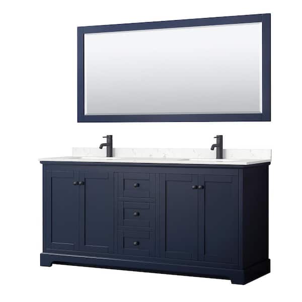 Wyndham Collection Avery 72 in. W x 22 in. D x 35 in. H Double Bath Vanity in Dark Blue with Carrara Cultured Marble Top and 70 in. Mirror