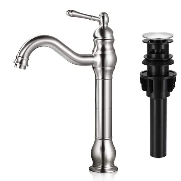 Single Hole Single Handle Waterfall Vessel Sink Faucet with Pop-up Drain in Brushed Nickel