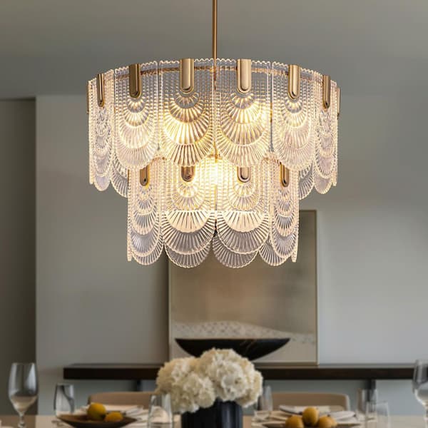 9-Light Gold Modern Luxury Vintage Double Layer Glass Round Chandelier for Dining Room Living Room Foyer