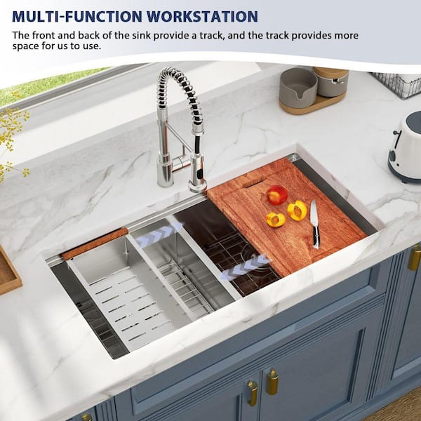 Dcolora 36-Inch Undermount Double Bowl Kitchen Sink – 16 Gauge Stainless Steel, 60/40 Split, Low Divider, Workstation Ledge – Includes Cutting Board & Drain Basket – 36x19x10