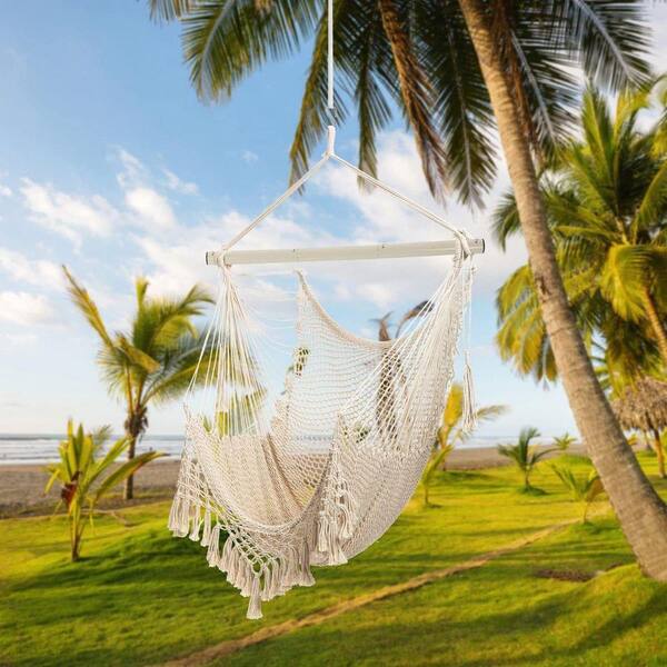 5 ft. Large Hanging Chair Hammock with Stand in Beige HP9KGVJW7Z
