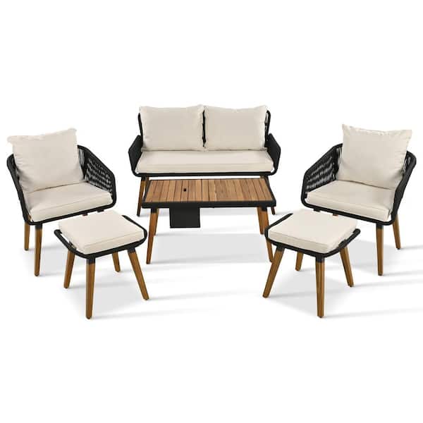 Zeus & Ruta 6-Piece PP Rope Woven Patio Conversation Set with Beige Cushions, Wood Table and Ice Bucket for Backyard Porch Balcony