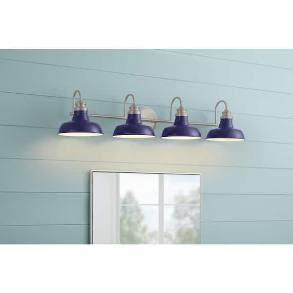 Hampton Bay Elmcroft 38 in. 4-Light Brushed Nickel Farmhouse Vanity with Cobalt Blue Metal Shades