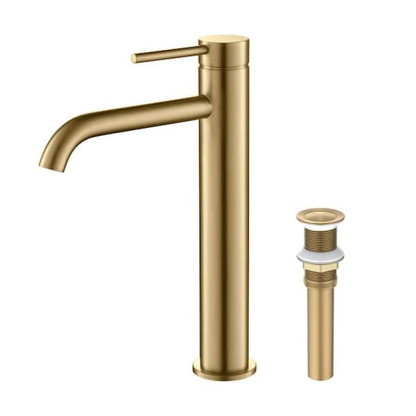 1- Handle 11.32 in. H Single Hole Bathroom Sink Faucet with Supply Lines and Pop-Up Drain in Brushed Brass