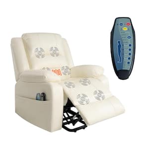 Faux Cream Leather Power Lift Recliner Chair with Massage, Remote, Footrest, Studded & Tufted Detailing, Side Pocket