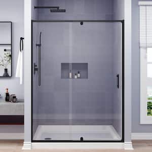 TOOLKISS 44 to 48 in. W x 71 in. H Framed Pivot Shower Door in Black with Clear Glass