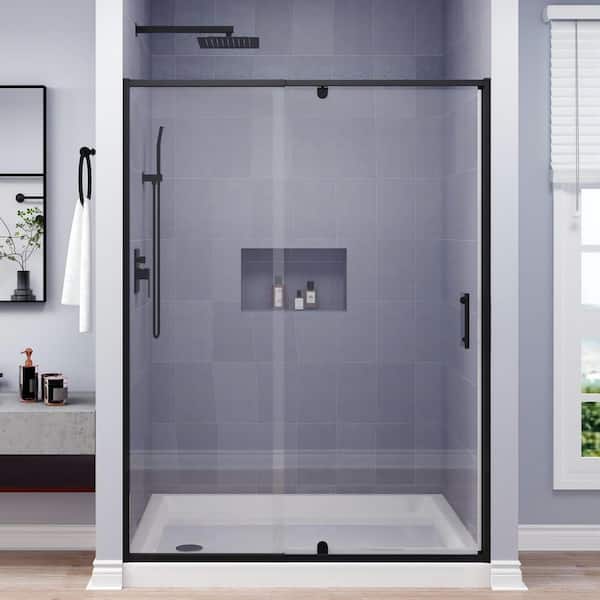 44 to 48 in. W x 71 in. H Framed Pivot Shower Door in Black with Clear Glass