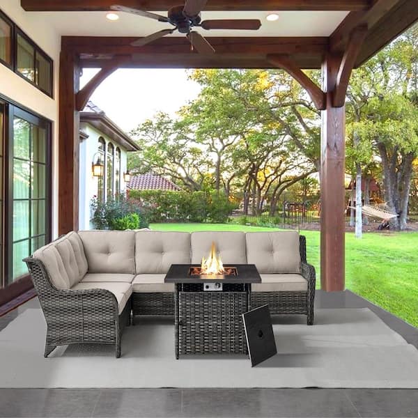 Opohoro Gray 2-Piece Wicker Patio Fire Pit Set, Outdoor 6-Seater Sectional Seating Set with Olefin Beige Cushions