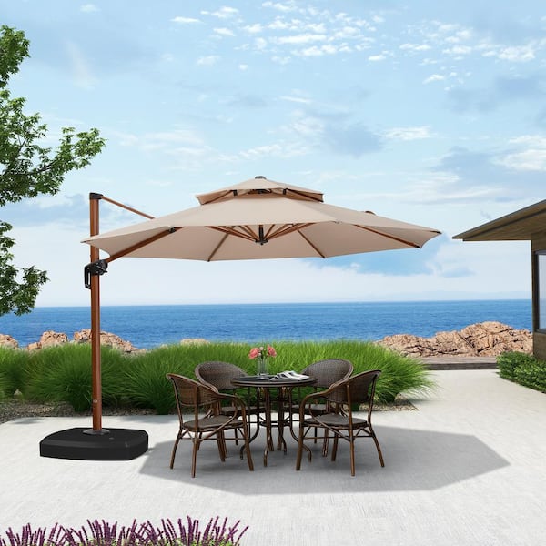 PURPLE LEAF 11 ft. Octagon High-Quality Wood Pattern Aluminum Cantilever Polyester Patio Umbrella with Wheels Base, Beige