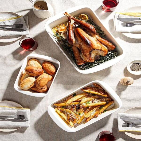 3-Piece White Deep Casserole Dishes, Ceramic Baking Dish Set with Roasting Racks, Large Lasagna Pans with Handles
