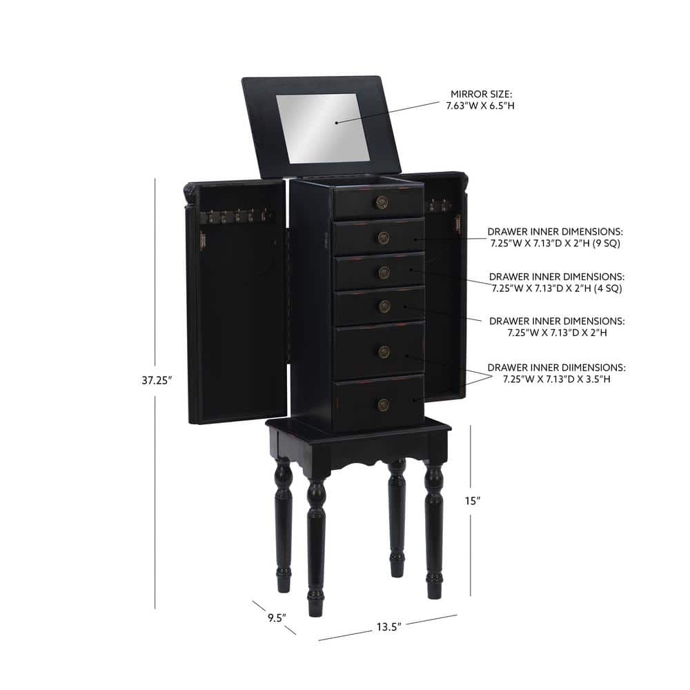 Petite Ebony Black Jewelry Armoire with Mirror and Plush Lining