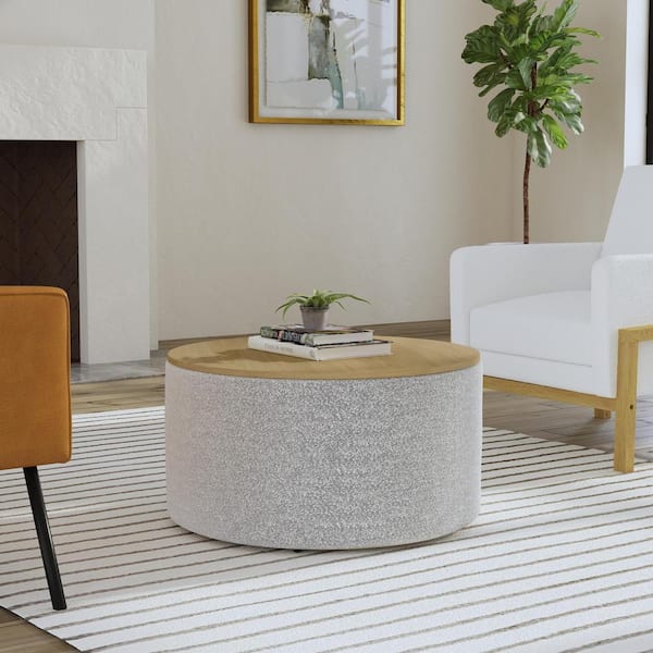 Homepop White Boucle with Black Yarn Polyester Round Storage Ottoman with Wood Top