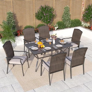 Black 7-Piece Metal Patio Outdoor Dining Set with Slat Table and Rattan Chairs with Beige Cushion