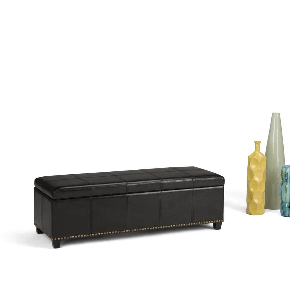 Midnight Black Bonded Leather Large Rectangular Storage Ottoman Bench