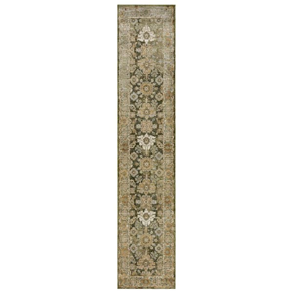 2 ft. x 12 ft. Green, Gold Oriental Washable Area Rug