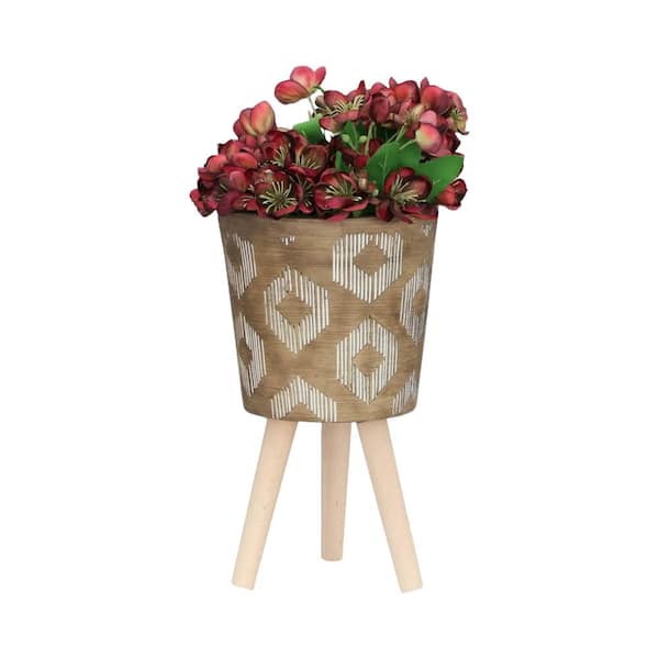 12 in. Diamond Planter with Wooden Legs Brown (2-Pack)