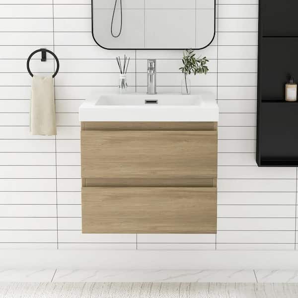 JimsMaison 24 in. W x 20 in. D x 22 in. H Single Sink Floating Bath Vanity in Natural Oak with Glossy White Resin Top